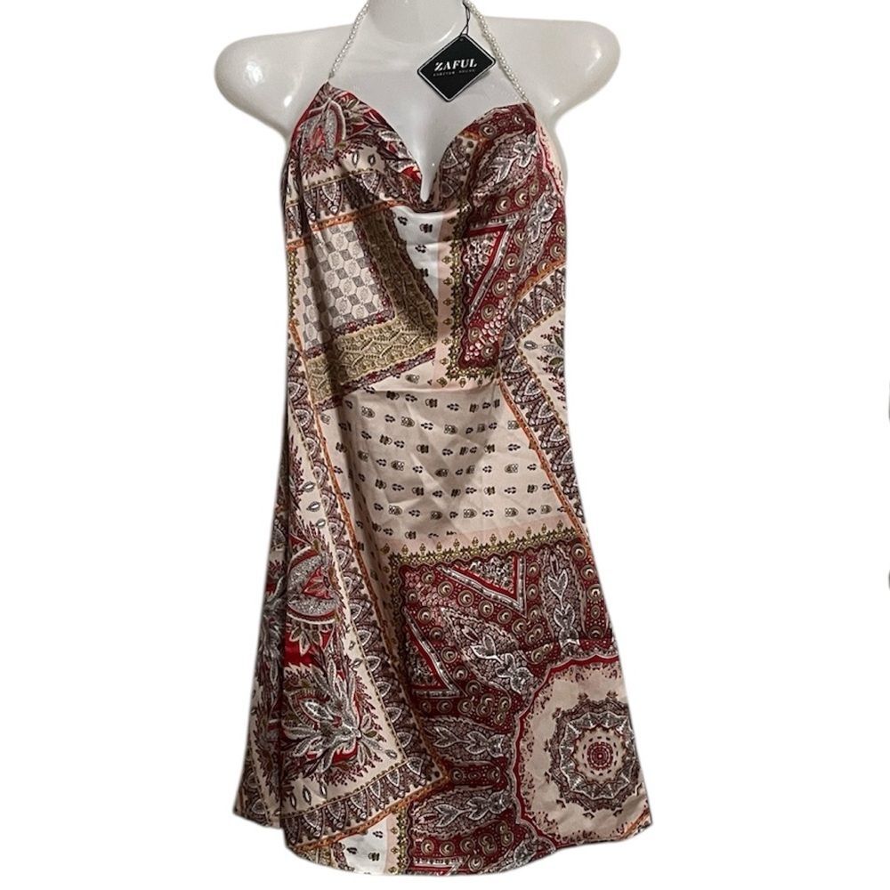 Zaful Cowl Neck Pearl Strand Strap Boho Satin Hankerchief Slip Dress NWT XS